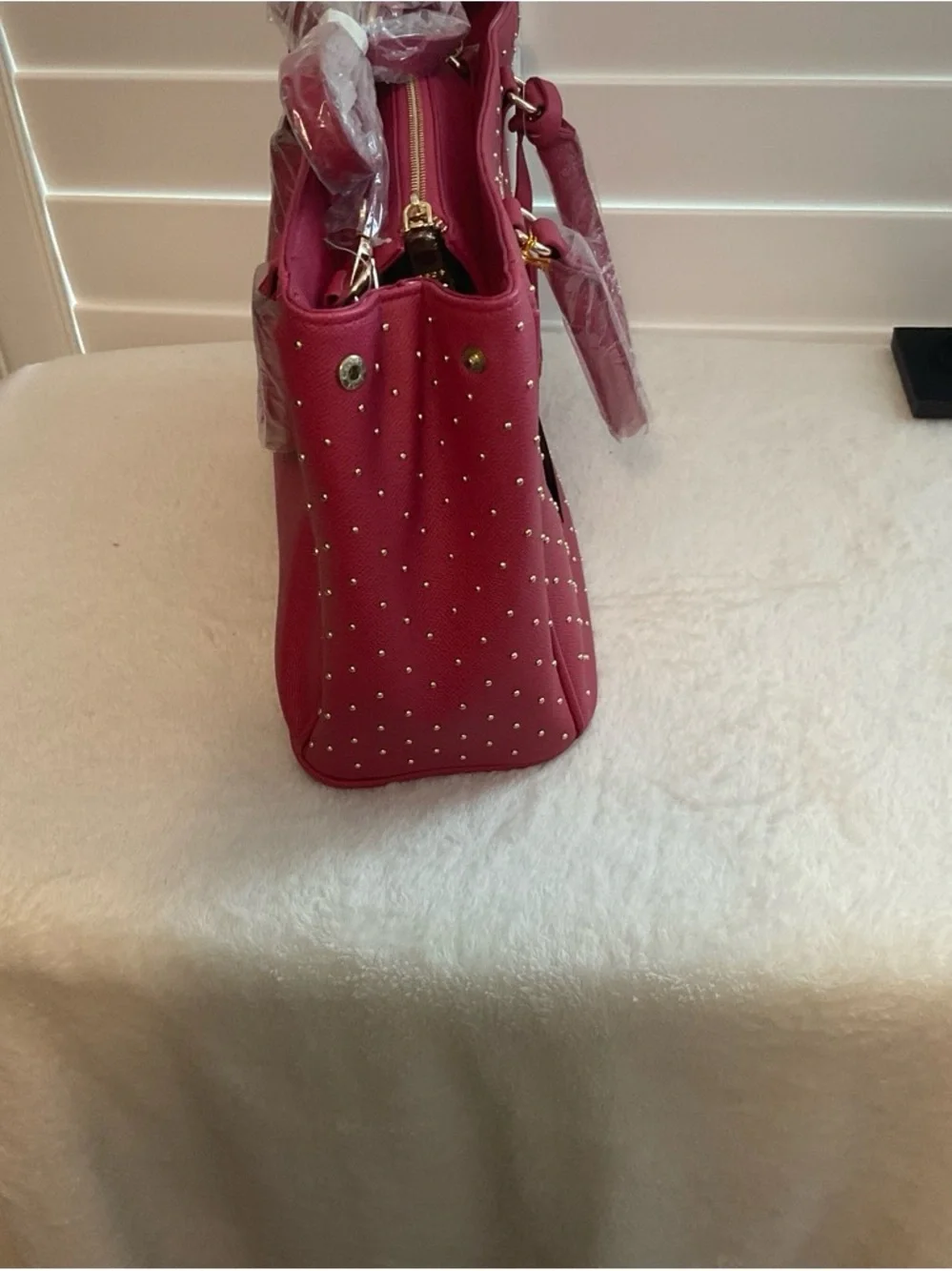 bebe Hot Pink Studded Satchel with Gold Hardware